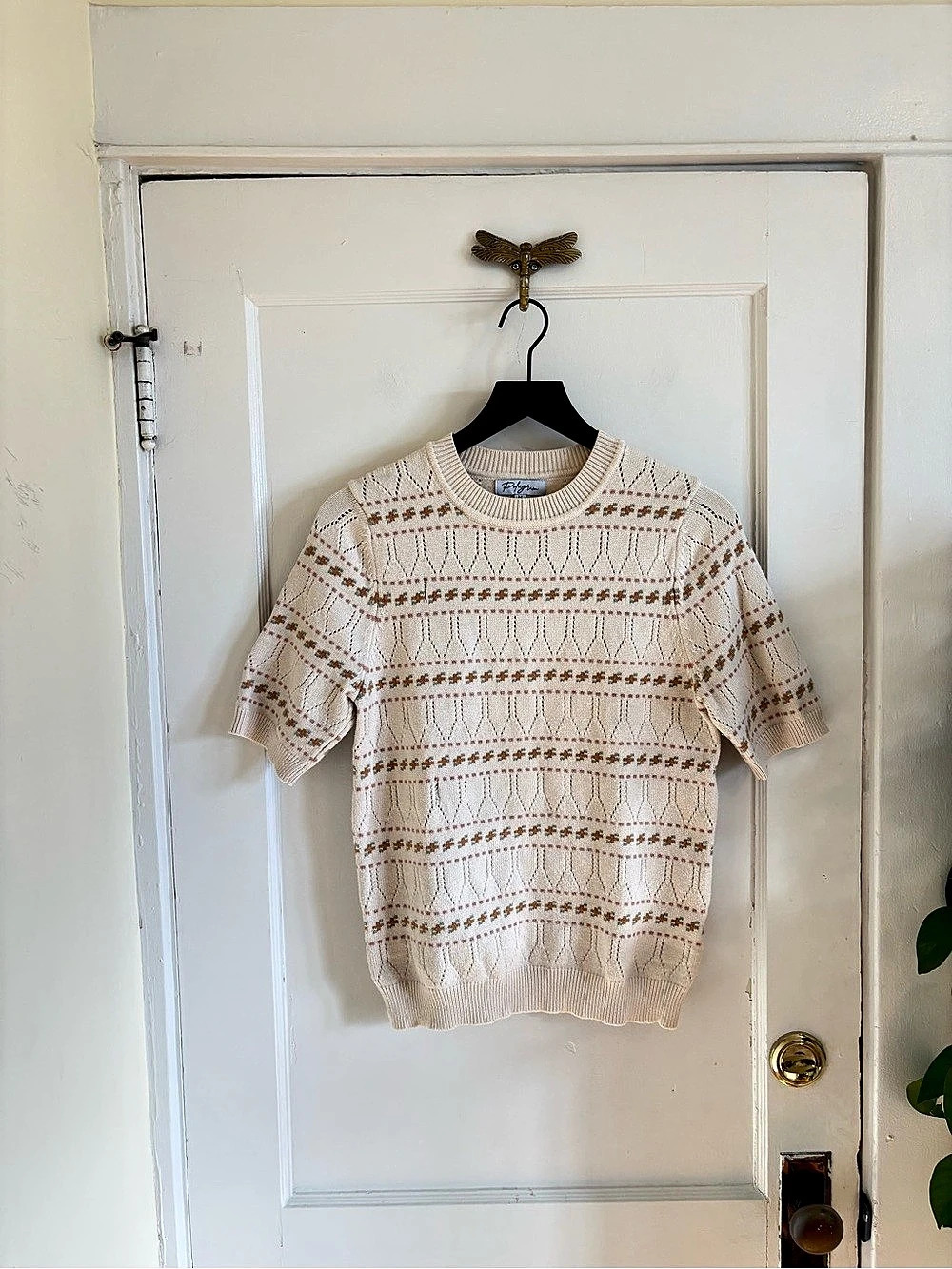 Polagram Short Sleeve Multicolored Geometric Pointelle Open Knit Sweater M